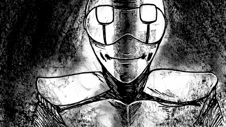 Ασπρόμαυρο σχέδιο ενός ανδρείκελου που χαμογελάει